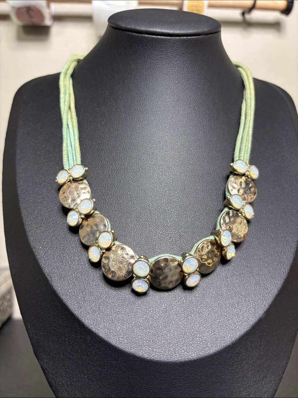 St. Thomas Hammered Disc Necklace with Opal-Like Accents in Pale Green